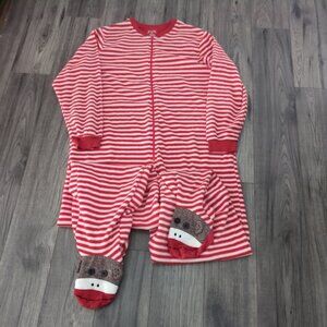 Nick & Nora Sock Monkey One Piece Fleece Front Zip Footed Pajamas Size XXL Adult